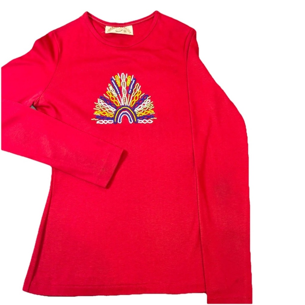 Vintage Cream n peaches Women’s Beaded Long Sleeve Shirt Red Medium 1970s Hippy‎
